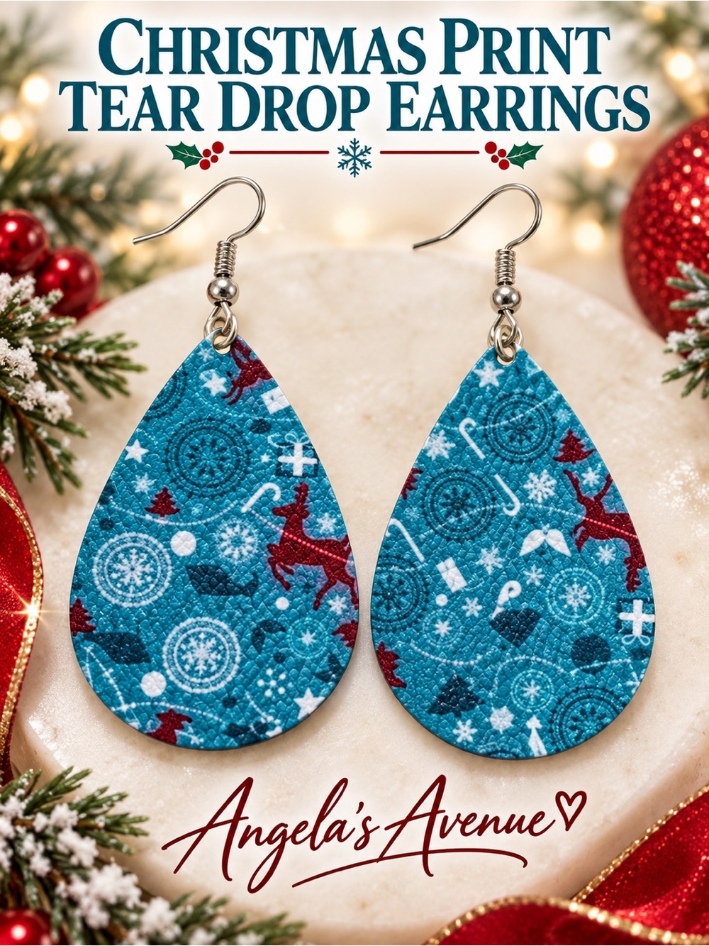 CHRISTMAS Print TEAR DROP EARRINGS NEW